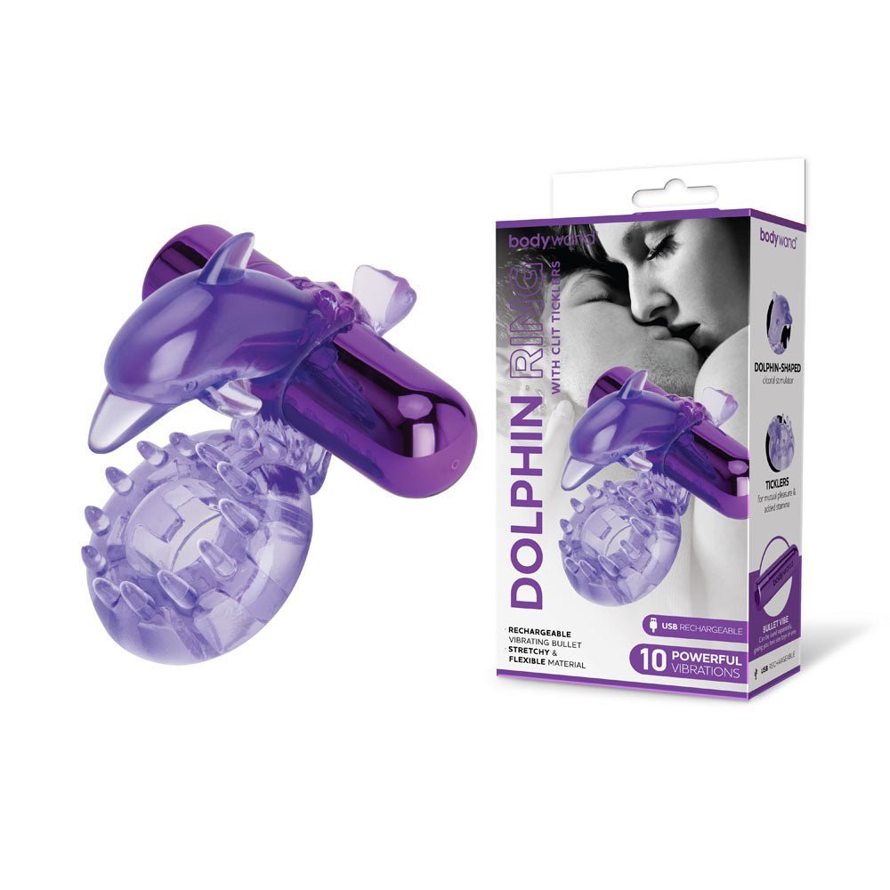 Bodywand Rechargeable Dolphin Ring with Clit Ticklers - Purple USB Rechargeable Vibrating Cock Ring – Sex toys NZ by Naughtyhut. Discreet delivery nationwide.