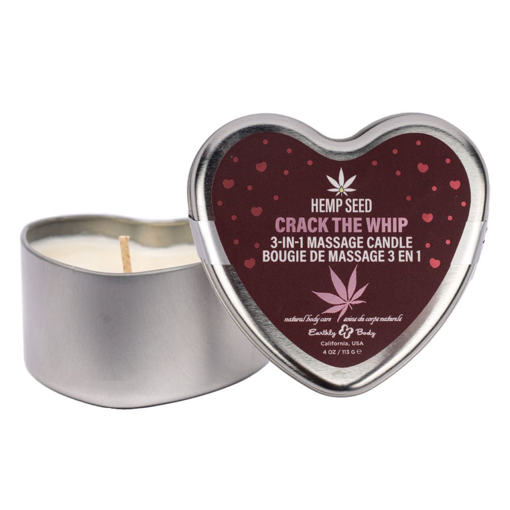 EB Hemp Seed 3 in 1 Massage Heart Candle - Crack The Whip - Crack The Whip (Dew - Kissed Rose, Violet Petals, Warm Amber) - 113 g – Sex toys NZ by Naughtyhut. Discreet delivery nationwide.