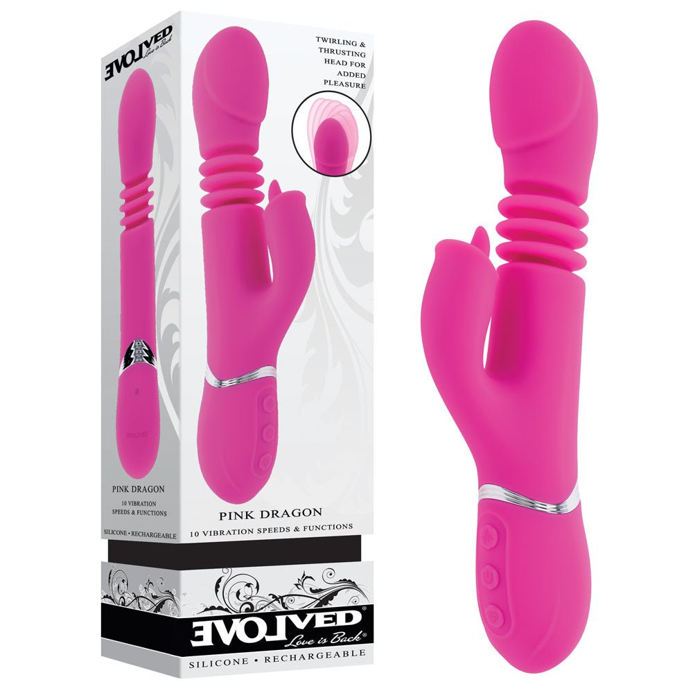 Evolved PINK DRAGON - Pink 24.2 cm USB Rechargeable Thrusting Rabbit Vibrator – Sex toys NZ by Naughtyhut. Discreet delivery nationwide.