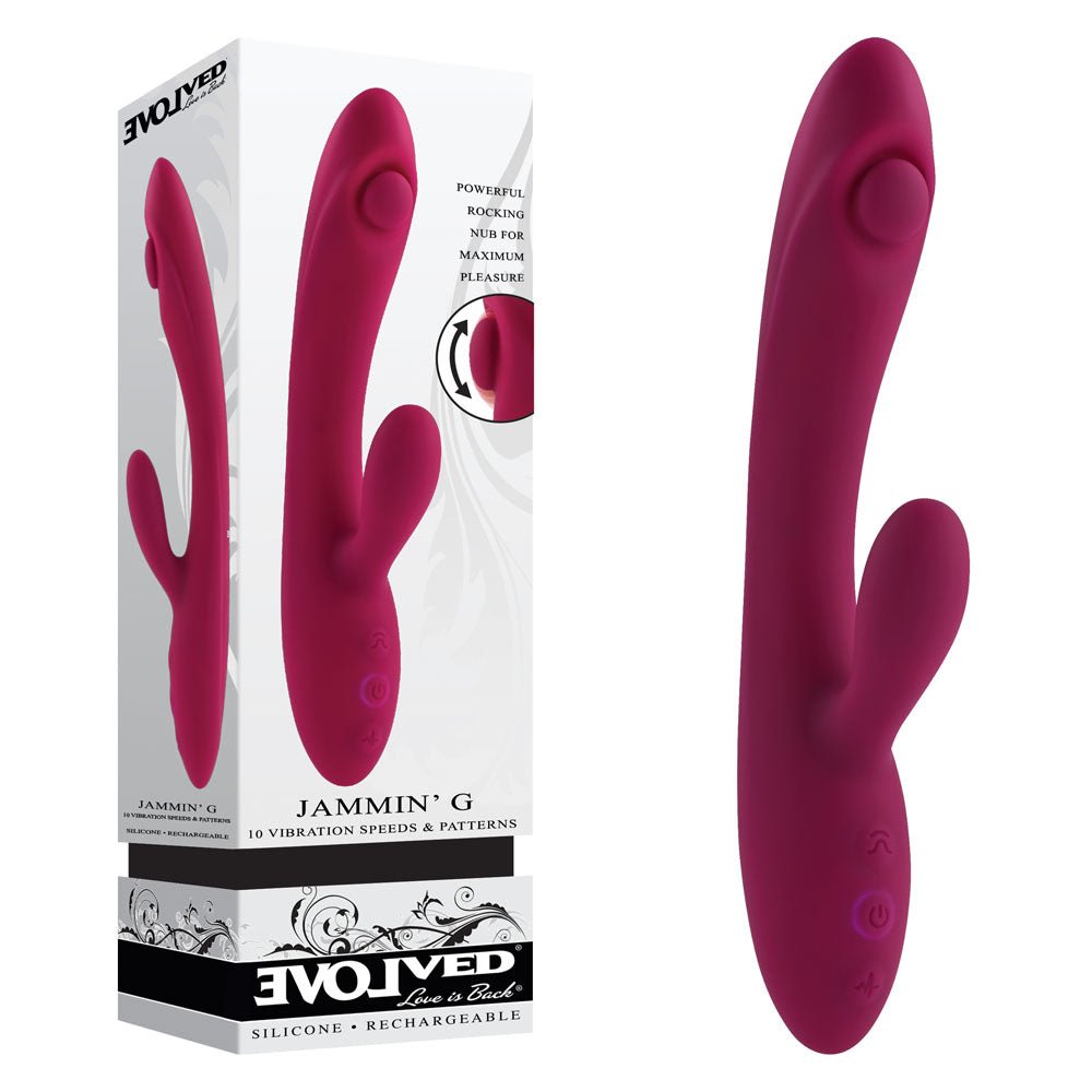 Evolved JAMMIN' G - Burgundy 20.1 cm USB Rechargeable Rabbit Vibrator – Sex toys NZ by Naughtyhut. Discreet delivery nationwide.