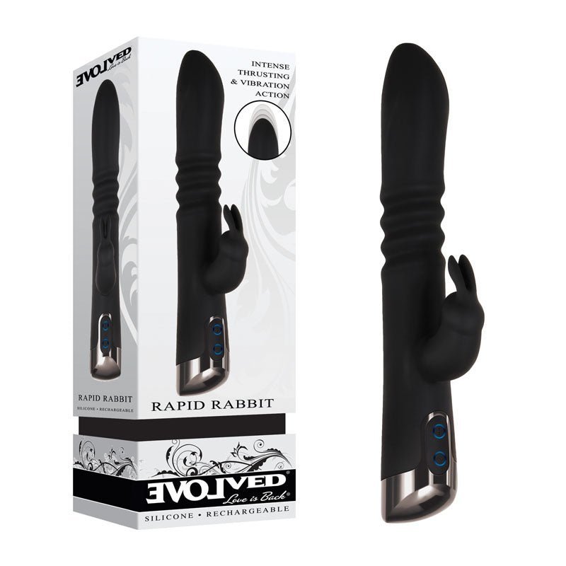 Evolved Rapid Rabbit - Black 25.4 cm USB Rechargeable Thrusting Rabbit Vibrator – Sex toys NZ by Naughtyhut. Discreet delivery nationwide.