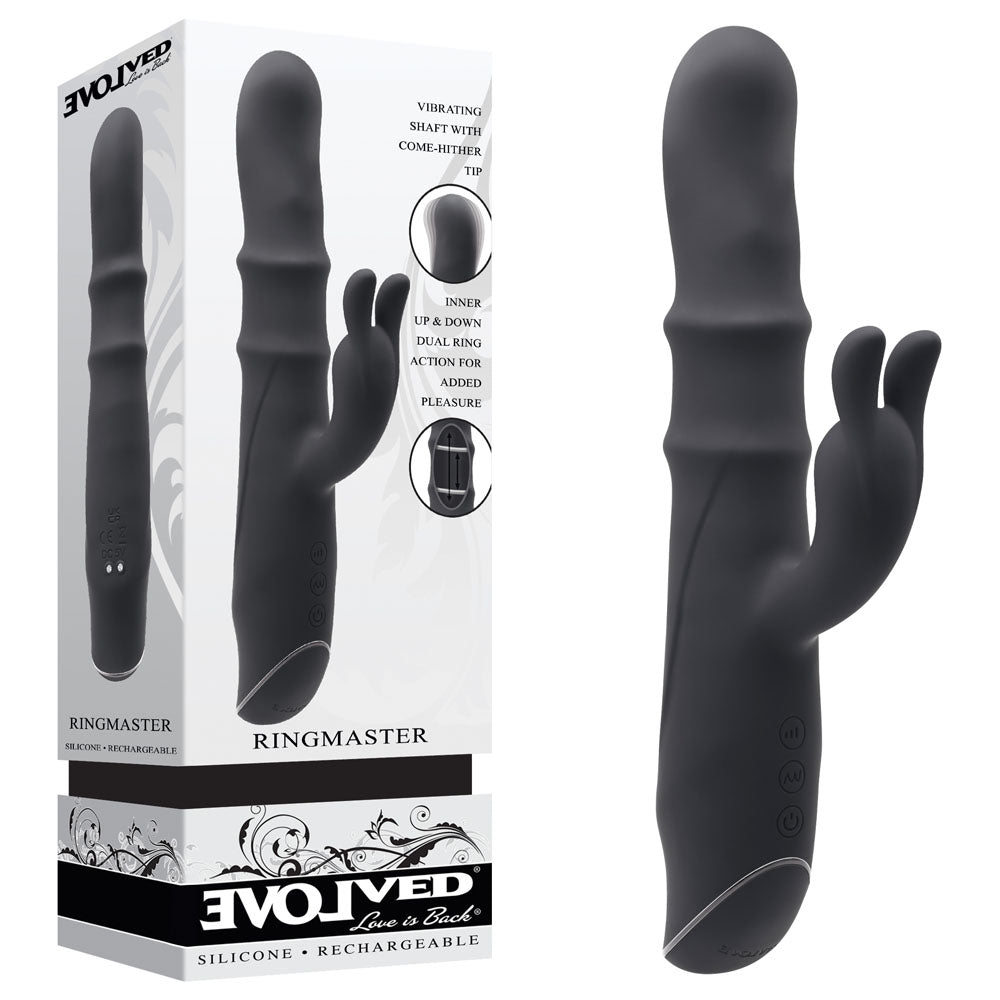 Evolved RINGMASTER - Black 23.1 cm USB Rechargeable Rabbit Vibrator – Sex toys NZ by Naughtyhut. Discreet delivery nationwide.