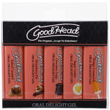 Buy GoodHead Oral Delight Gel - Desserts - Flavoured Oral Gels - Set of 5 x 30ml Bottles – Naughtyhut NZ sex toys online. Discreet delivery & top brands.
