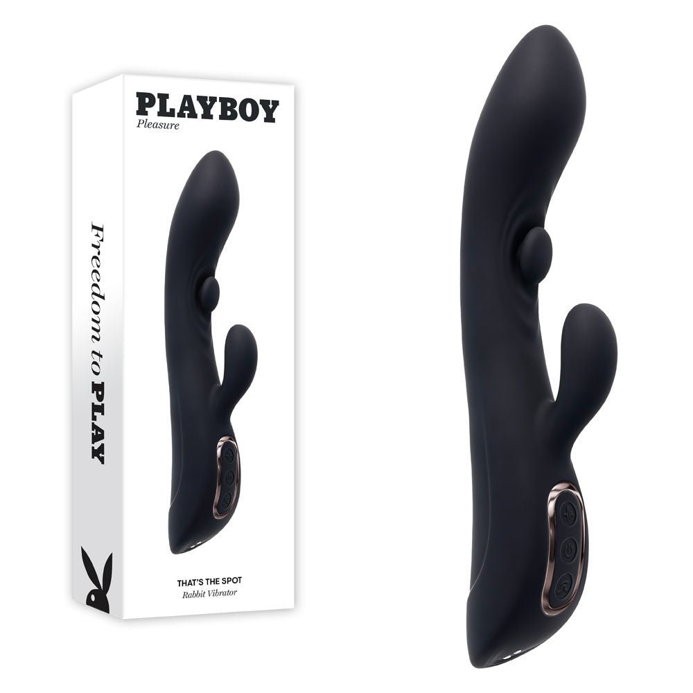 Playboy Pleasure THATS THE SPOT - Black 23.3 cm USB Rechargeable Rabbit Vibrator with G - Spot Tapper – Sex toys NZ by Naughtyhut. Discreet delivery nationwide.