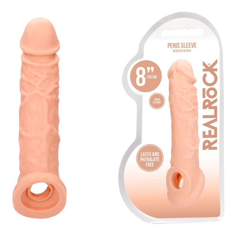 REALROCK 8'' Realistic Penis Extender with Rings - Flesh 20.3 cm Penis Extension Sleeve – Sex toys NZ by Naughtyhut. Discreet delivery nationwide.