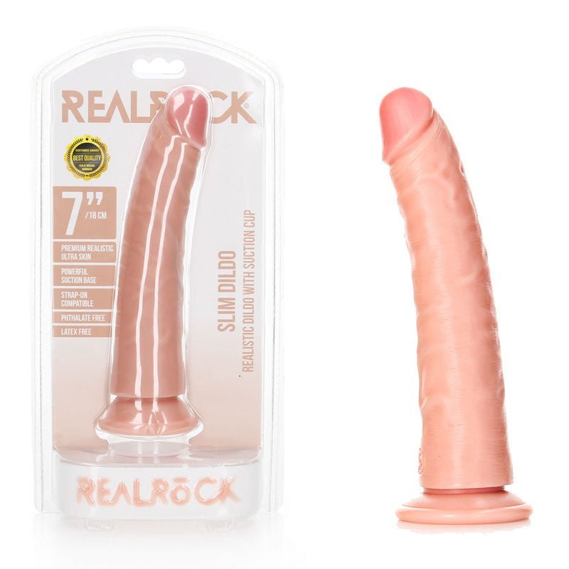 REALROCK Realistic Slim Dildo with Suction Cup - 18cm - Flesh 18 cm (7'') Dong – Sex toys NZ by Naughtyhut. Discreet delivery nationwide.