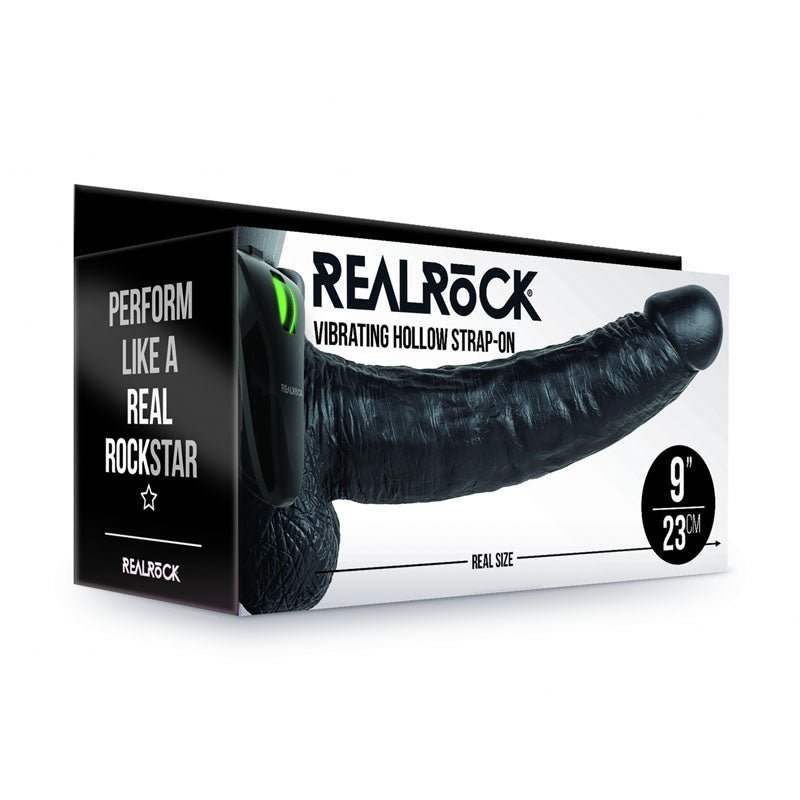 REALROCK Vibrating Hollow Strapon + Balls - 23cm Black - Black 23 cm Vibrating Hollow Strap - On – Sex toys NZ by Naughtyhut. Discreet delivery nationwide.