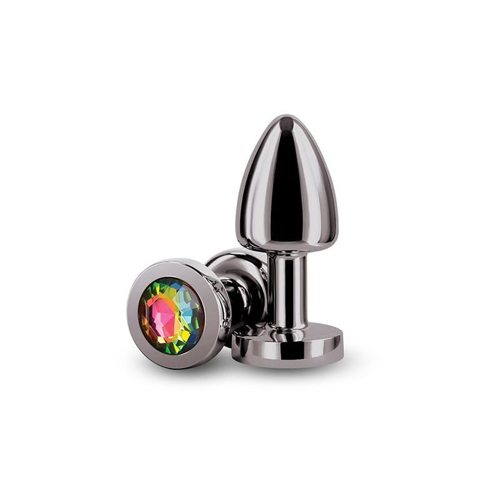 Rear Assets Petite - Gunmetal with Rainbow Gem - Gunmetal 6 cm Metal Butt Plug with Rainbow Round Gem Base – Sex toys NZ by Naughtyhut. Discreet delivery nationwide.