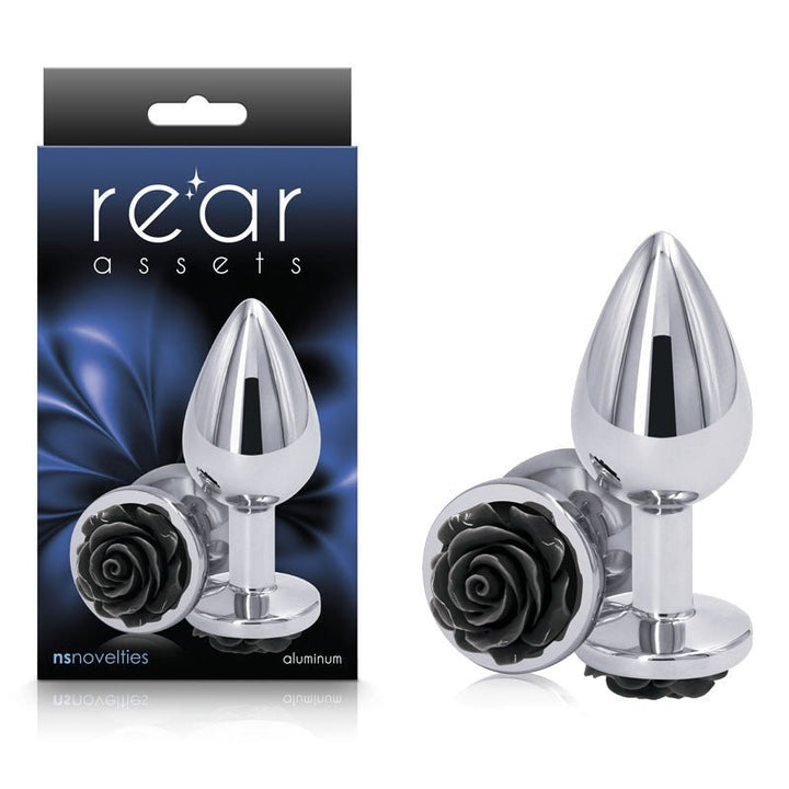 Rear Assets Rose - Medium - Chrome 8.9 cm Metal Butt Plug with Black Rose Base – Sex toys NZ by Naughtyhut. Discreet delivery nationwide.