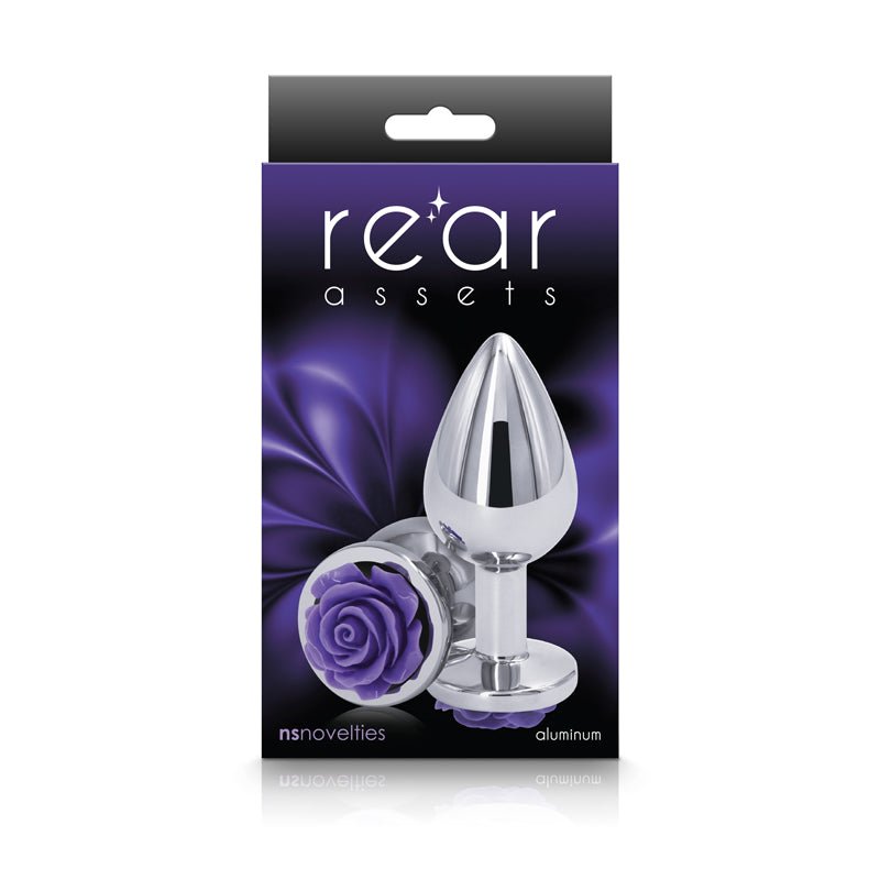 Rear Assets Rose - Medium - Chrome 8.9 cm Metal Butt Plug with Purple Rose Base – Sex toys NZ by Naughtyhut. Discreet delivery nationwide.