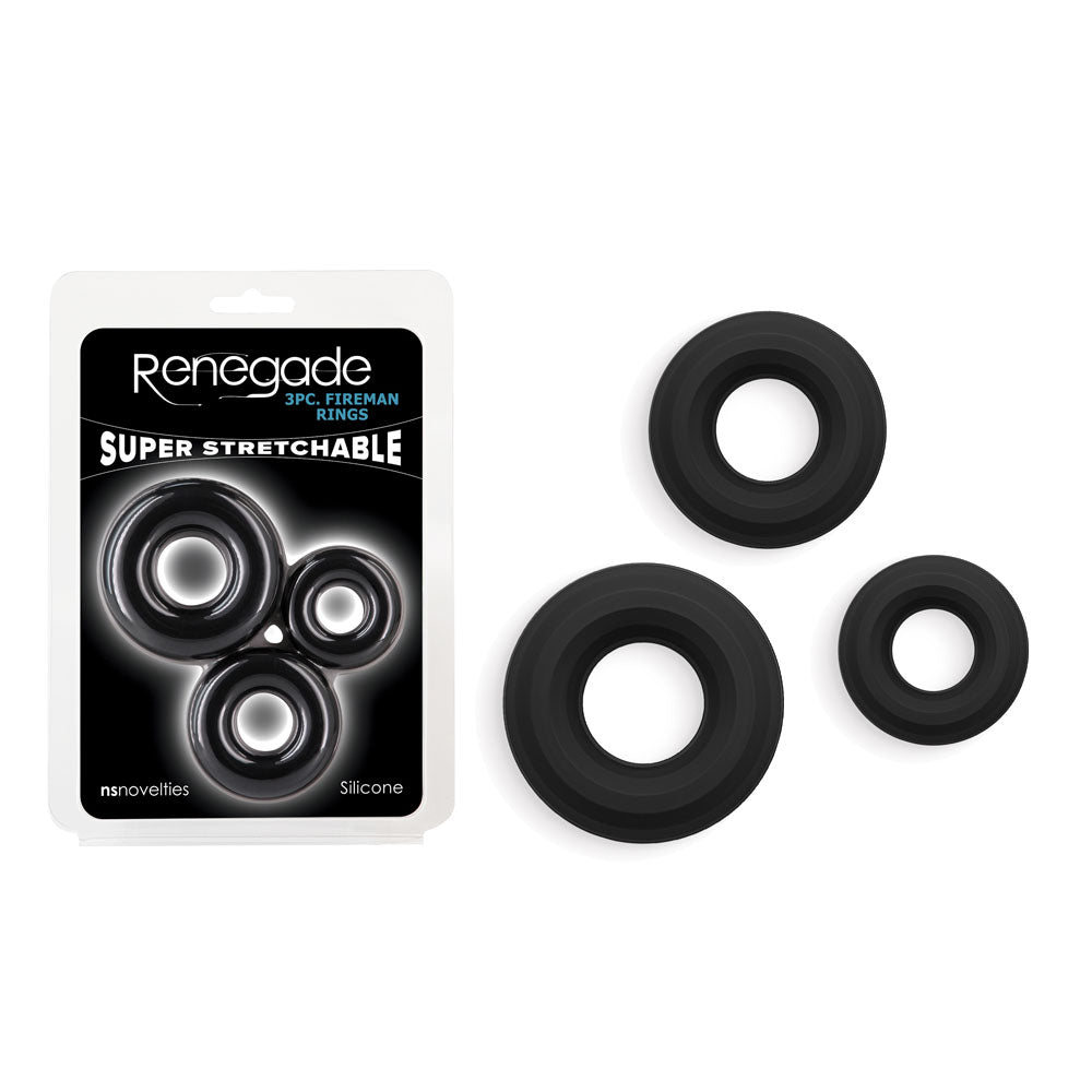 Renegade 3pc Fireman Rings - Black - Black Cock Rings - Set of 3 Sizes – Sex toys NZ by Naughtyhut. Discreet delivery nationwide.
