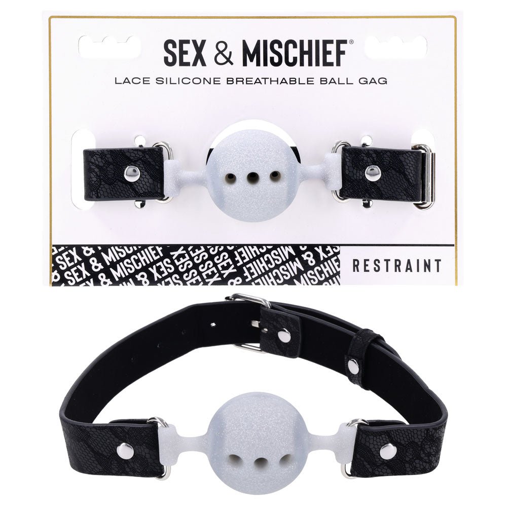 Sex & Mischief Lace Silicone Breathable Ball Gag - Black/Grey Mouth Restraint – Sex toys NZ by Naughtyhut. Discreet delivery nationwide.