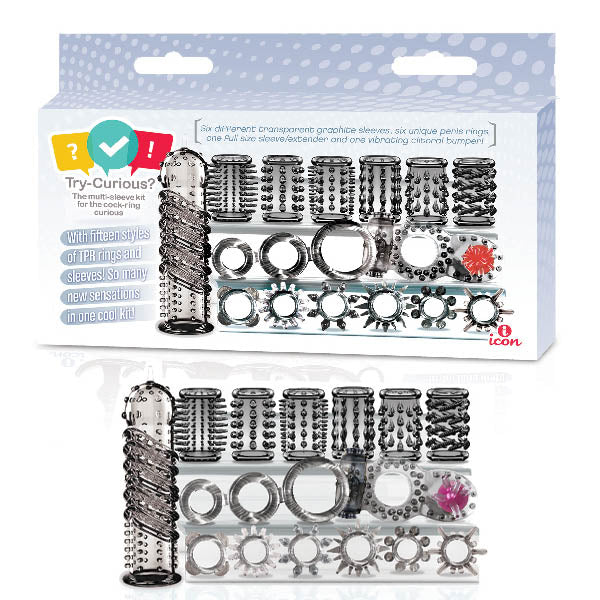 Try - Curious Cock Ring & Sleeve Set - Clear - 15 Piece Set – Sex toys NZ by Naughtyhut. Discreet delivery nationwide.