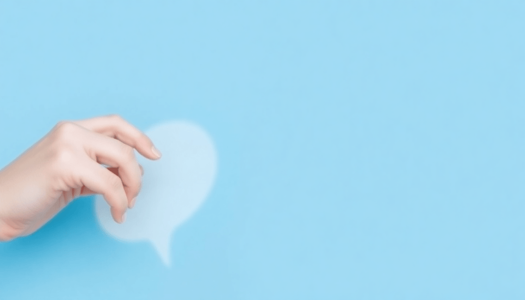 Hand holding translucent speech bubble against light blue background, minimalist design.