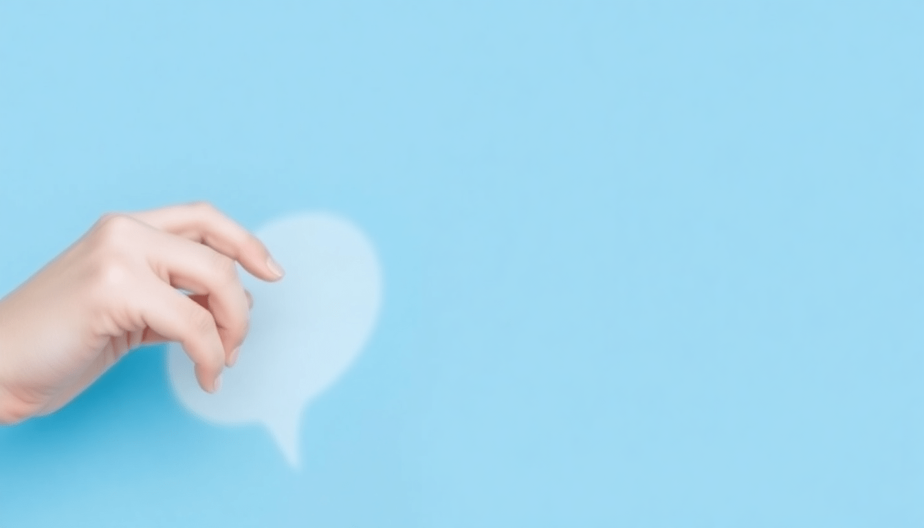 Hand holding translucent speech bubble against light blue background, minimalist design.
