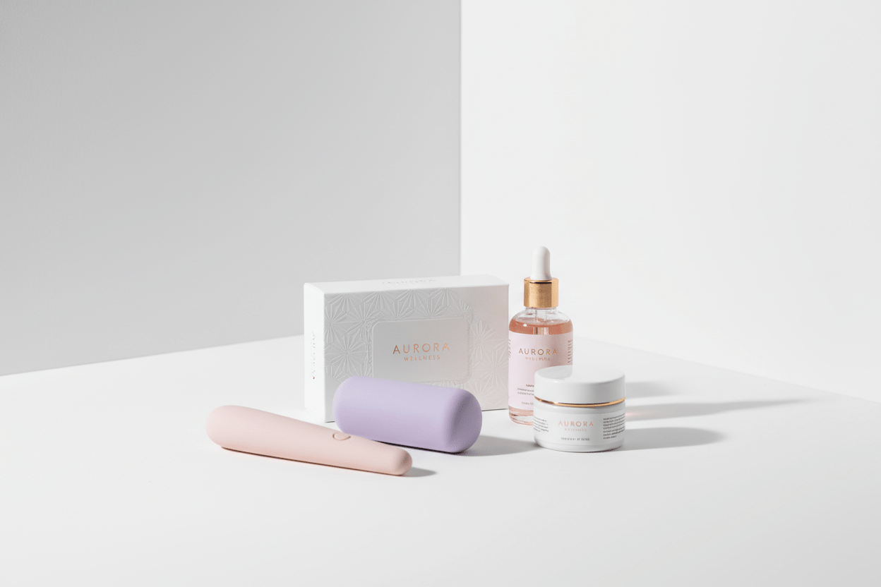 Aurora Wellness vibrator in blush pink, body-safe silicone, sleek design with matching storage case.