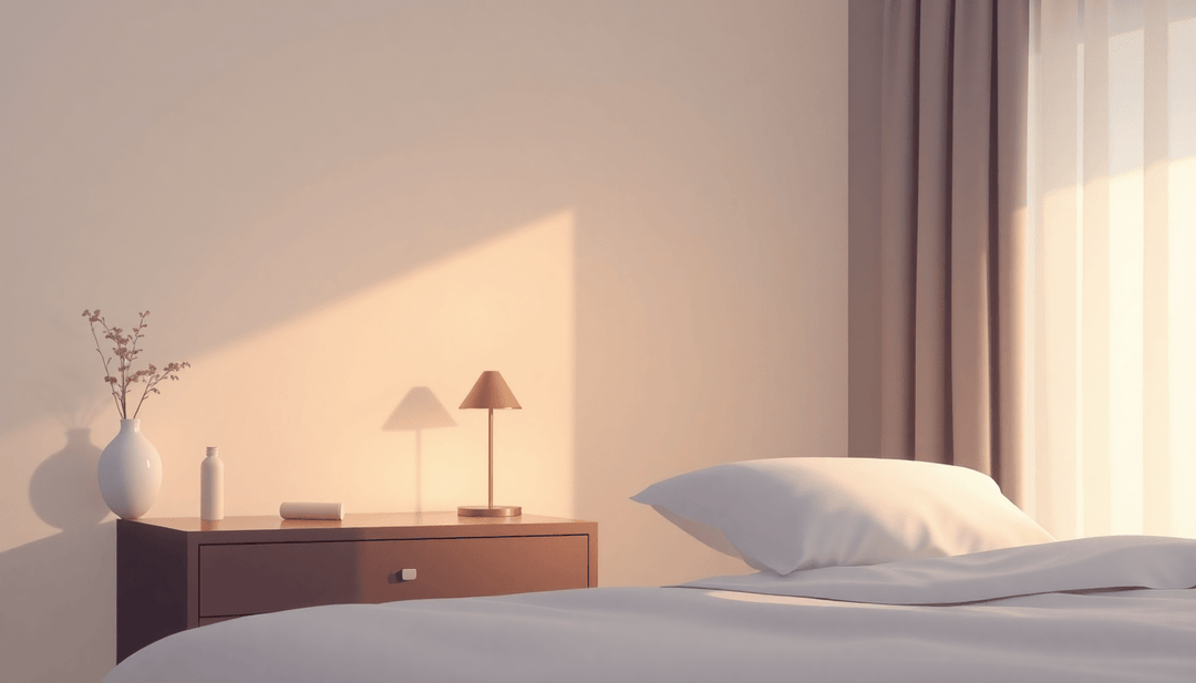 Minimalist bedroom with white bedding, wooden bedside table, lamp, and vase with dried flowers, soft natural light.