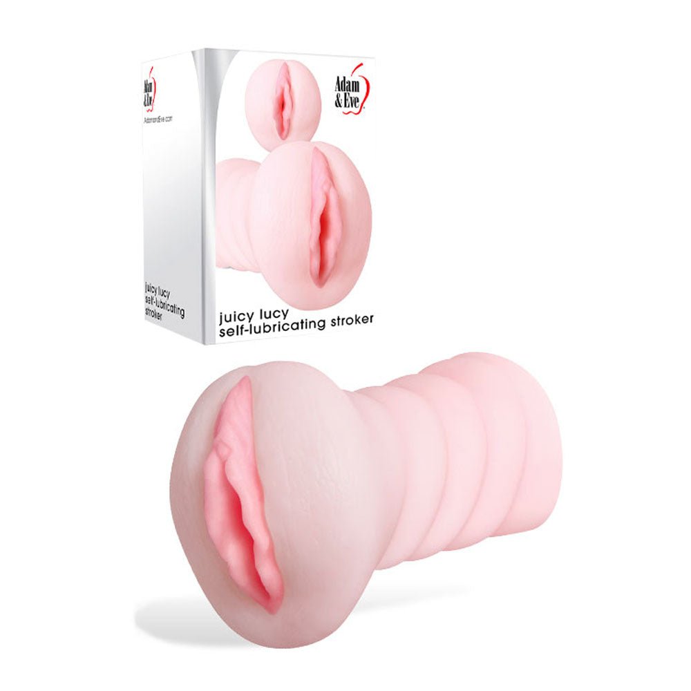 Adam & Eve Juicy Lucy self-lubricating pocket pussy NZ — flesh-tone TPE stroker, compact and discreet.