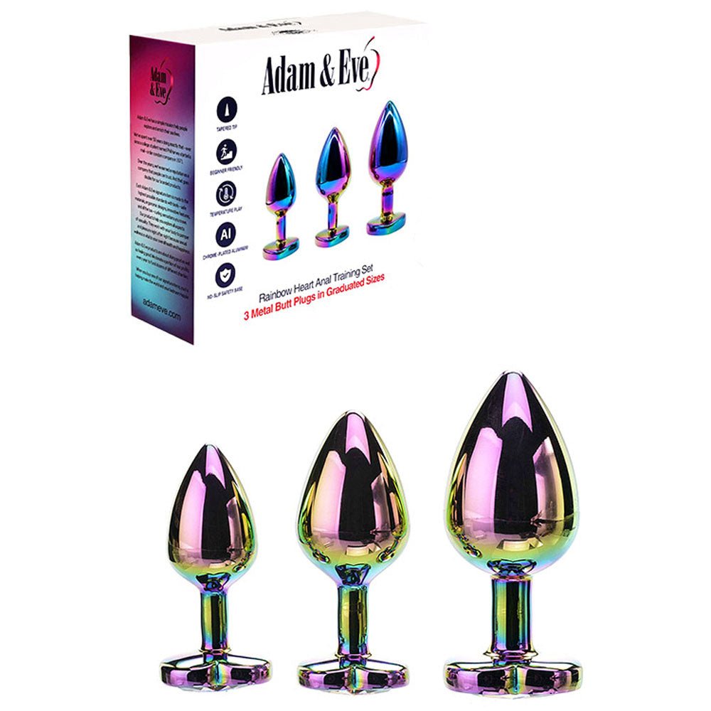 Jewelled butt plug NZ — Adam & Eve Rainbow Heart Gem set of 3 metal butt plugs with rainbow jewelled bases, body-safe for anal play, discreet delivery from Naughty Hut Aotearoa.