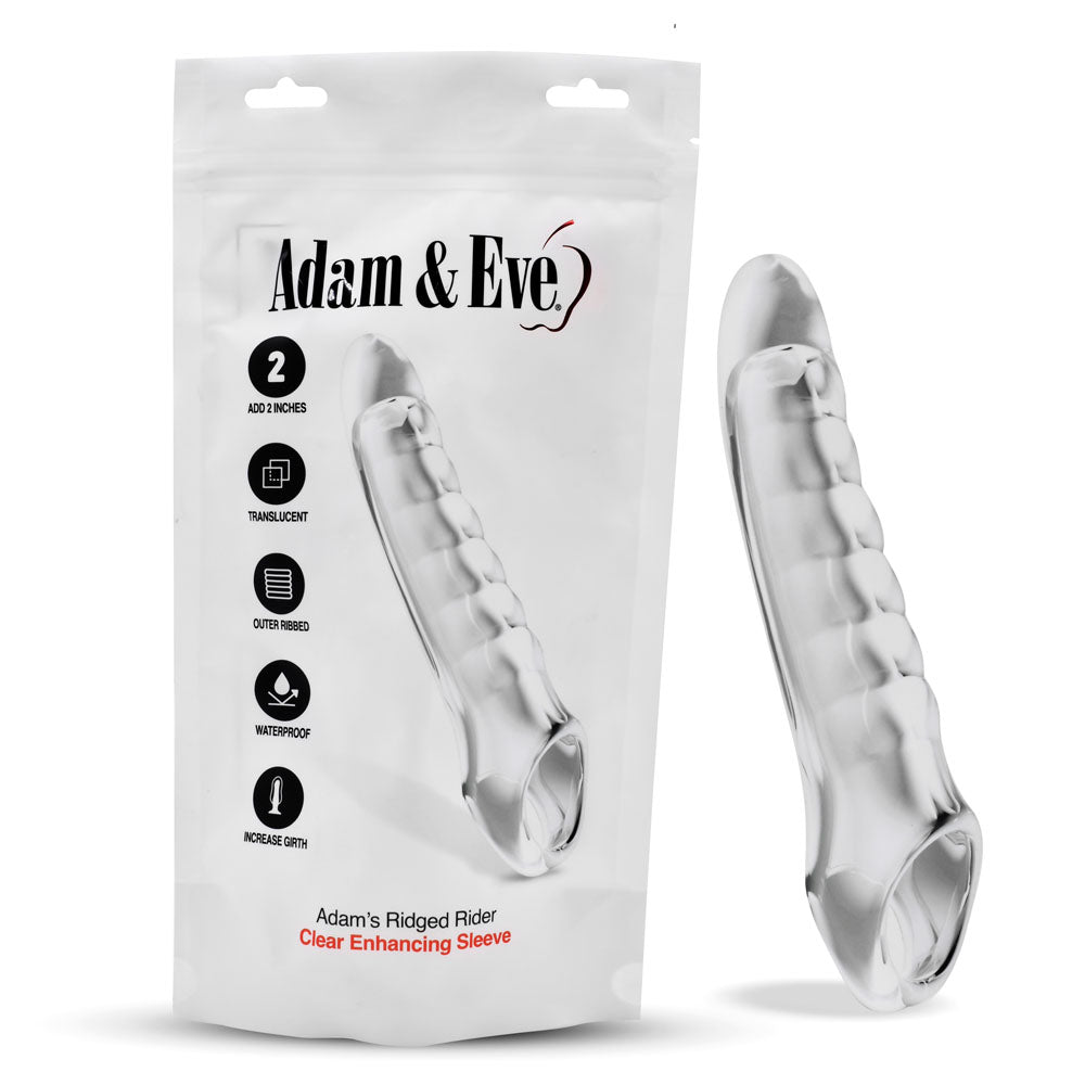 Adam & Eve Ridged Rider penis extension sleeve NZ — clear ribbed TPE cock sleeve, body-safe, waterproof.