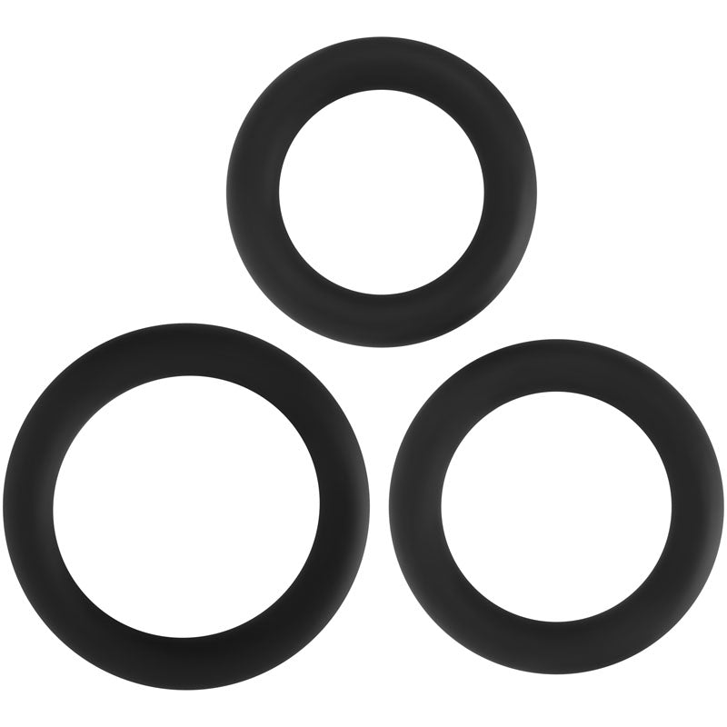 Adam & Eve silicone cock ring set of 3 — black stretchable penis rings, NZ-stocked, body-safe silicone.
