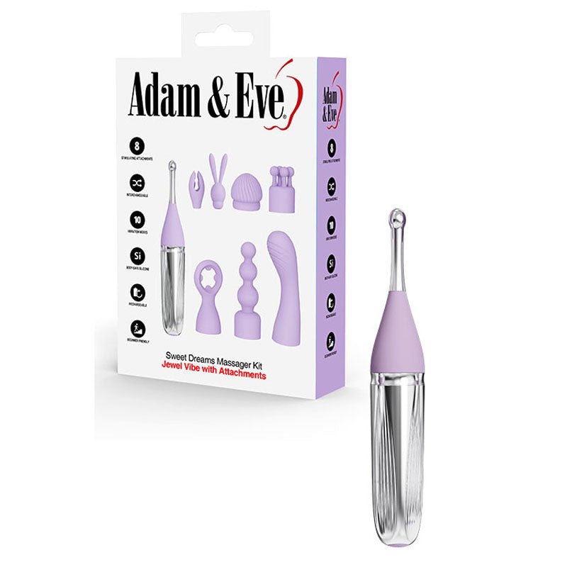Purple nipple vibrator kit NZ — Adam & Eve Sweet Dreams USB-rechargeable point stimulator with 8 interchangeable tips from Naughty Hut, discreet delivery across Aotearoa.