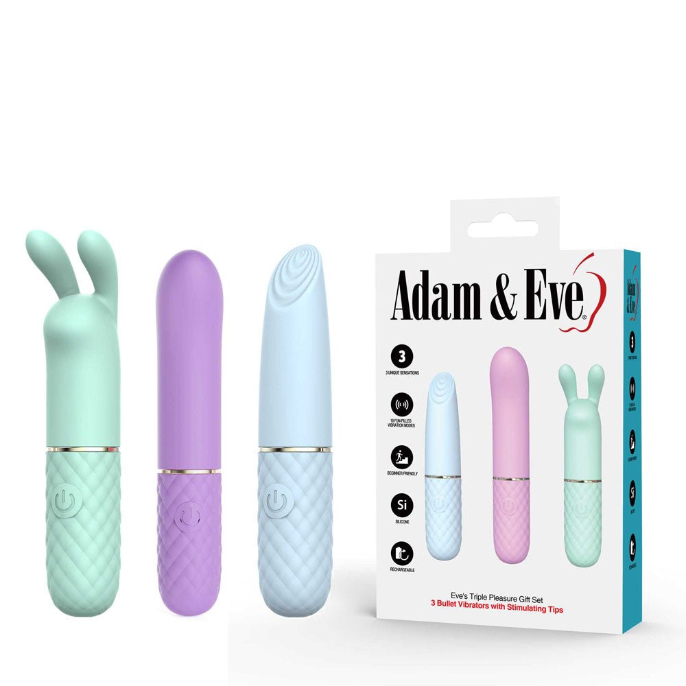 Vibrator gift set NZ — Adam & Eve Triple Pleasures USB-rechargeable vibrator set of 3 from Naughty Hut, discreet delivery across Aotearoa.