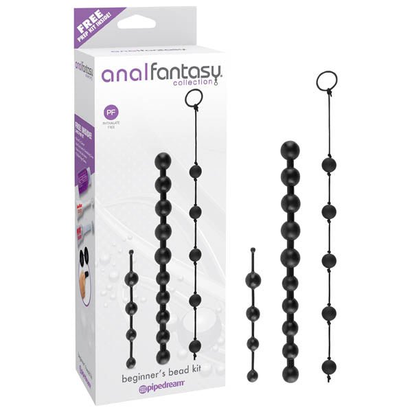 Anal beads NZ — Anal Fantasy Beginner's Anal Beads Kit set of 3 in black silicone with wide retrieval rings, body-safe for anal play, discreet delivery from Naughty Hut Aotearoa.