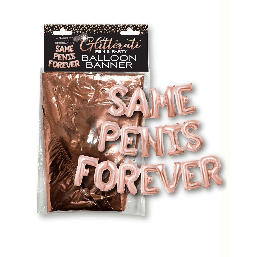 Rose gold balloon banner spelling 'Same Penis Forever' for bachelorette party decoration.