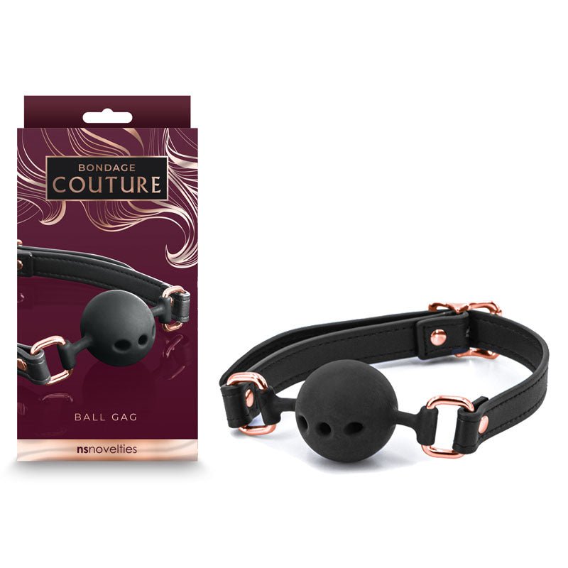 Bondage Couture ball gag in black with silicone ball and adjustable strap — body-safe BDSM ball gag, discreet NZ delivery from Naughty Hut Aotearoa.