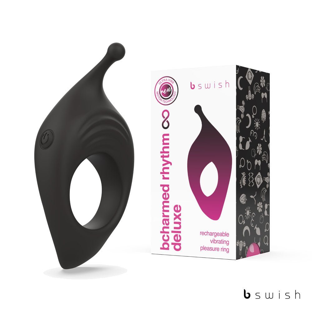 Rechargeable vibrating silicone ring in black with retail box, ergonomic design for couples.