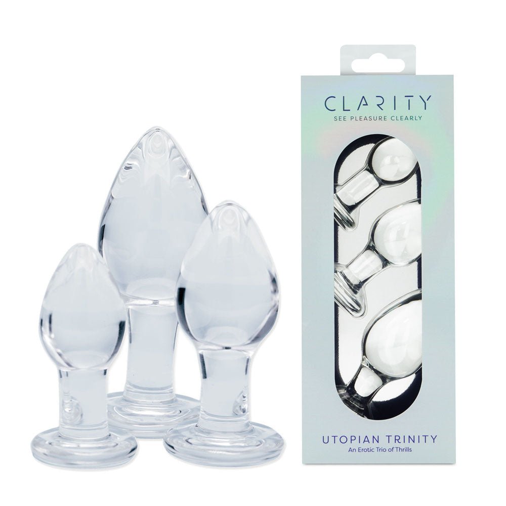 Glass anal toys NZ — Clarity Utopian Trinity set of 3 borosilicate glass butt plugs in clear, body-safe, supports temperature play, discreet delivery from Naughty Hut Aotearoa.