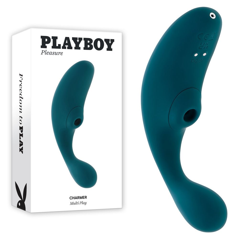 Blue clitoral vibrator NZ — Playboy Pleasure Charmer USB-rechargeable vibrator with clitoral suction from Naughty Hut, discreet delivery across Aotearoa.