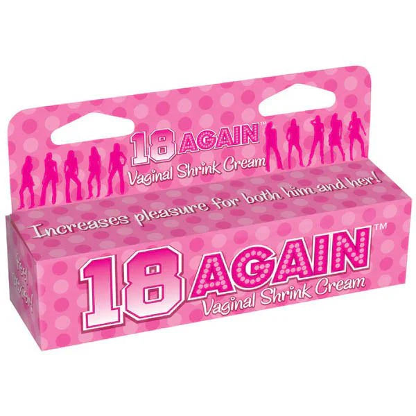 18 Again Vaginal Shrink Cream in pink packaging, for intimate use, with polka dot design.