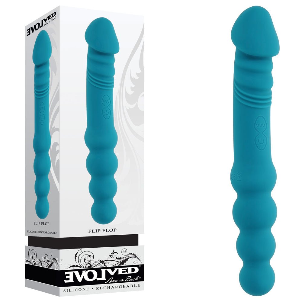 Blue double-ended vibrator NZ — Evolved Flip Flop 23.1cm USB-rechargeable dual-ended vibrator from Naughty Hut, discreet delivery across Aotearoa.