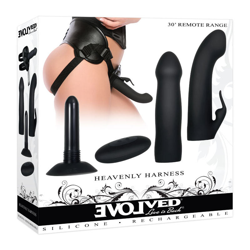 Evolved Heavenly Harness Vibrating Strap-On Kit NZ — black USB-rechargeable complete pegging kit with harness and dildo, body-safe silicone, discreet delivery from Naughty Hut.