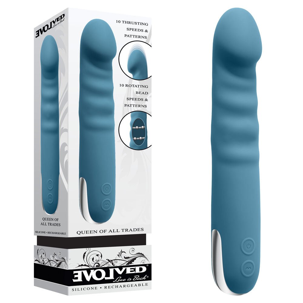 Blue thrusting vibrator NZ — Evolved Queen Of All Trades 22.6cm USB-rechargeable thrusting and rotating vibrator from Naughty Hut, discreet delivery across Aotearoa.