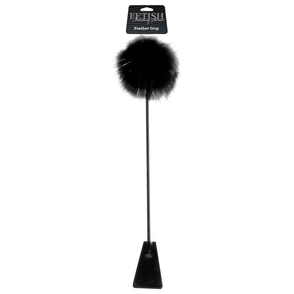 Fetish Fantasy feather bondage crop in black with feather tip — beginner-friendly body-safe BDSM crop, discreet NZ delivery from Naughty Hut Aotearoa.