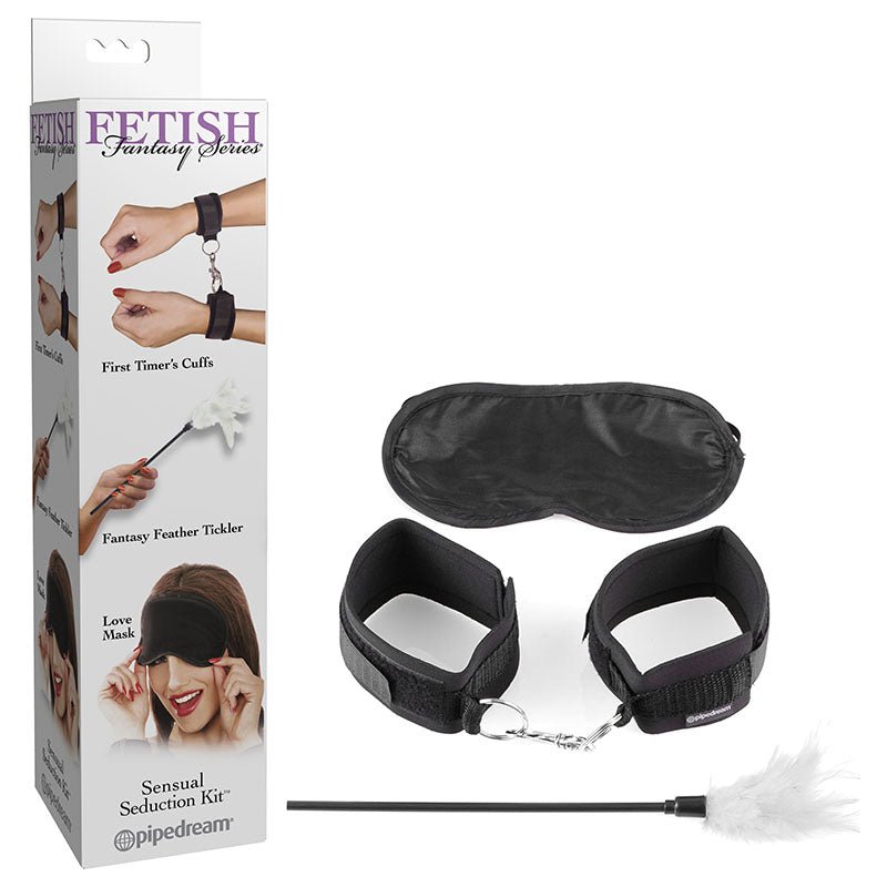 Fetish Fantasy Sensual Seduction 3-piece sensory kit with feather tickler and blindfold — beginner-friendly body-safe sensory play set, discreet NZ delivery from Naughty Hut Aotearoa.