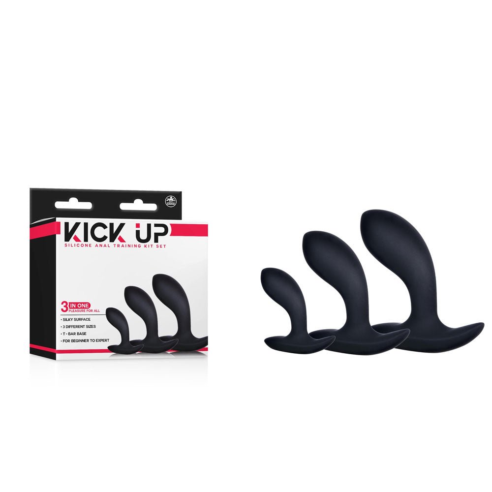 Anal training kit NZ — Kick Up Anal Trainer set of 3 butt plugs in body-safe silicone, graduated sizes for safe progression, discreet delivery from Naughty Hut Aotearoa.