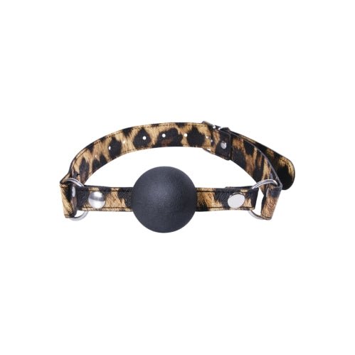 Leopard PU leather silicone ball gag — body-safe beginner bondage gag, discreet NZ delivery from Naughty Hut Aotearoa.