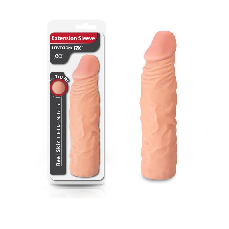 LoveClone RX Penis Extender Sleeve 20cm NZ — flesh-tone TPE penis extension with realistic detail.