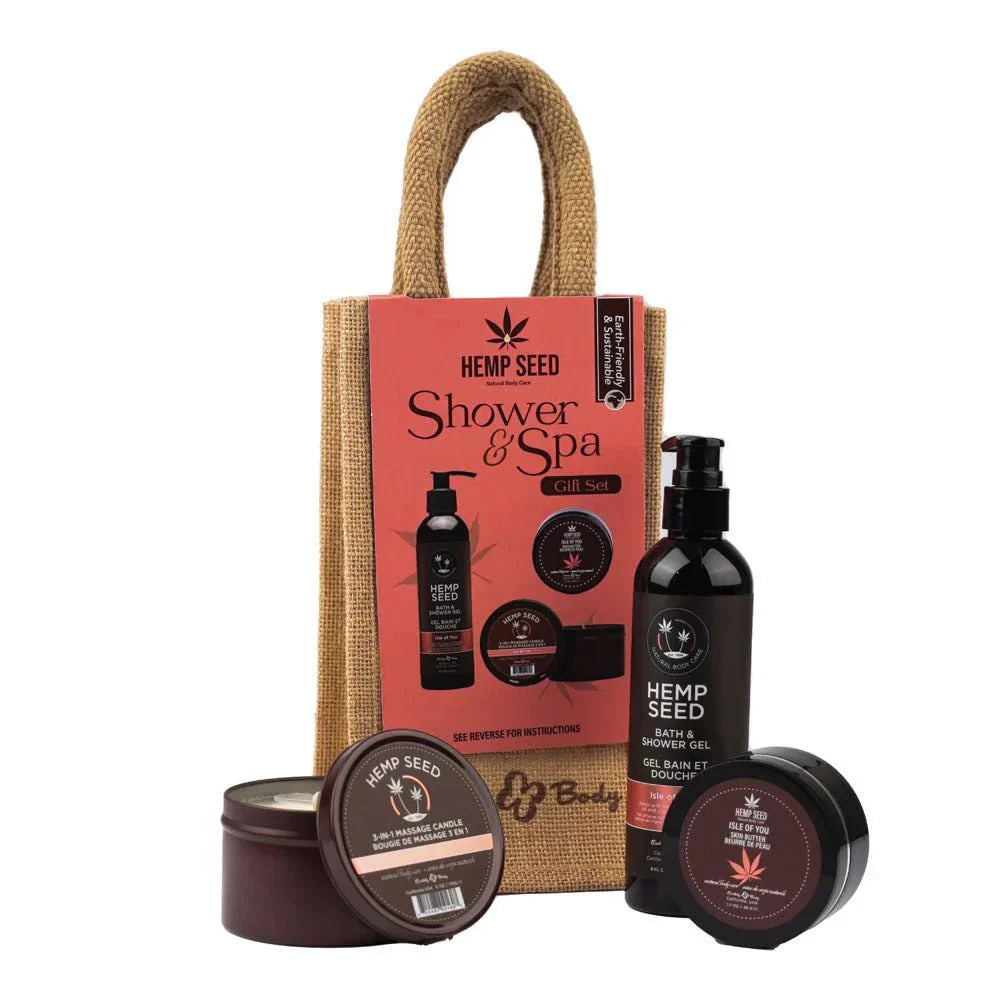 Hemp Seed Shower & Spa Gift Set with bath gel, massage candle, and body butter in earthy tones, natural body care.