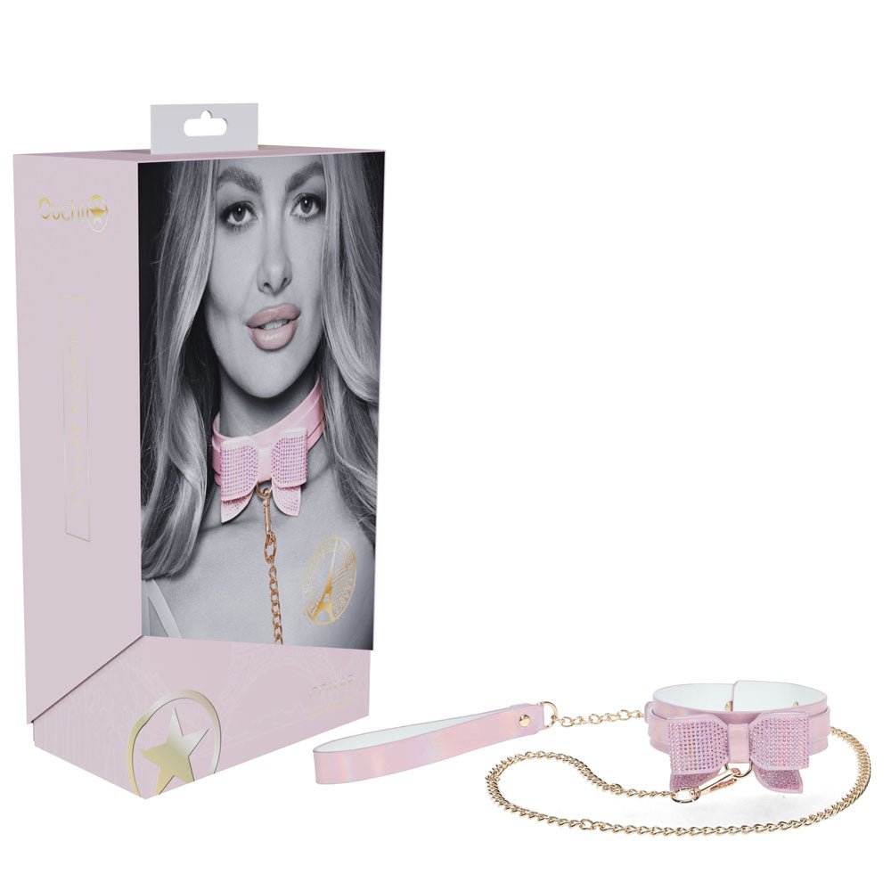 OUCH! Paris bondage collar with leash in soft pink — beginner-friendly body-safe BDSM collar and lead set, discreet NZ delivery from Naughty Hut Aotearoa.