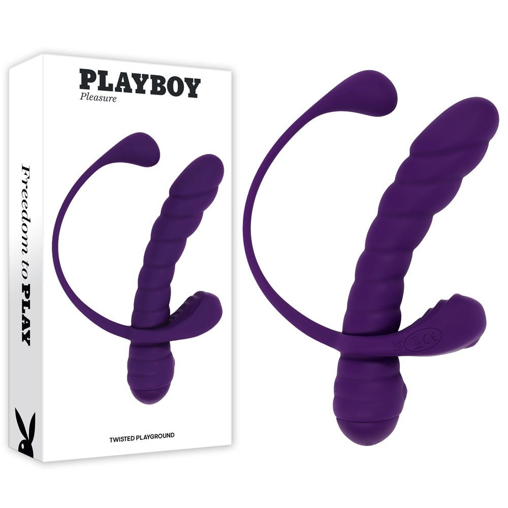 Playboy Pleasure Twisted Playground couples sex kit NZ — purple USB-rechargeable vibrator + cock ring bundle for couples, body-safe silicone, discreet delivery across Aotearoa from Naughty Hut.