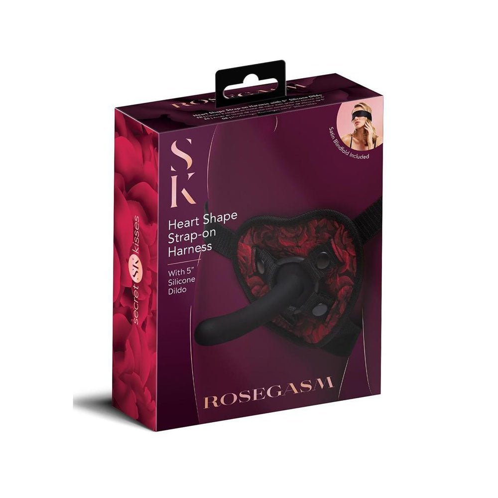 Heart shape strap-on harness with 5-inch silicone dildo in decorative rose packaging