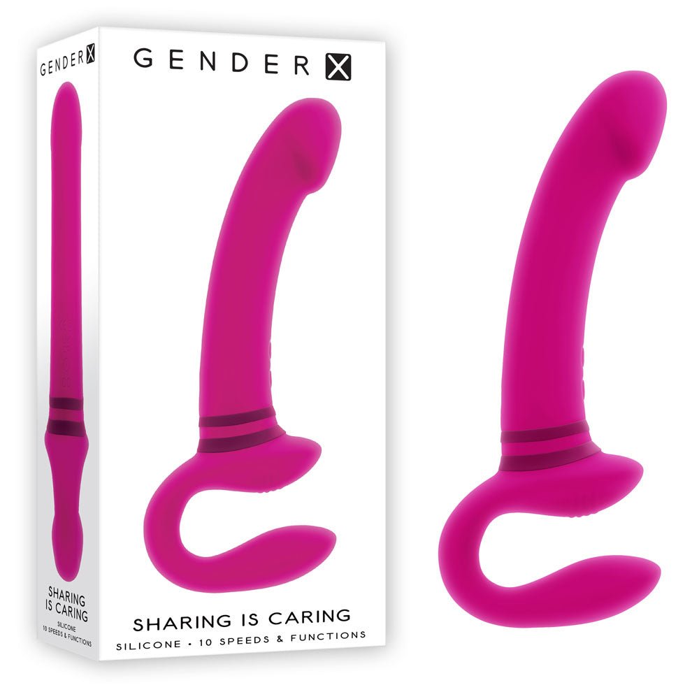 Pink vibrating strap-on NZ — Gender X Sharing Is Caring 21.9cm USB-rechargeable strapless strap-on from Naughty Hut, discreet delivery across Aotearoa.