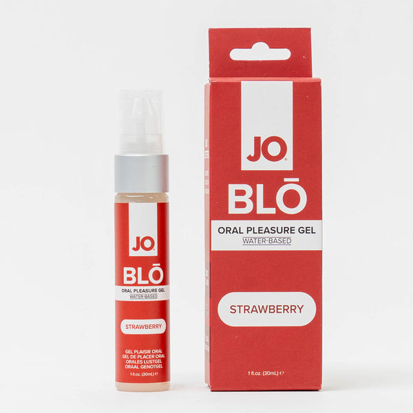 JO BLO Strawberry oral pleasure gel, 30 ml pump bottle beside its red carton