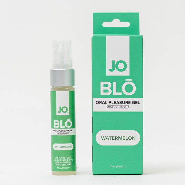 JO BLO Watermelon oral pleasure gel, 30 ml pump bottle beside its green carton