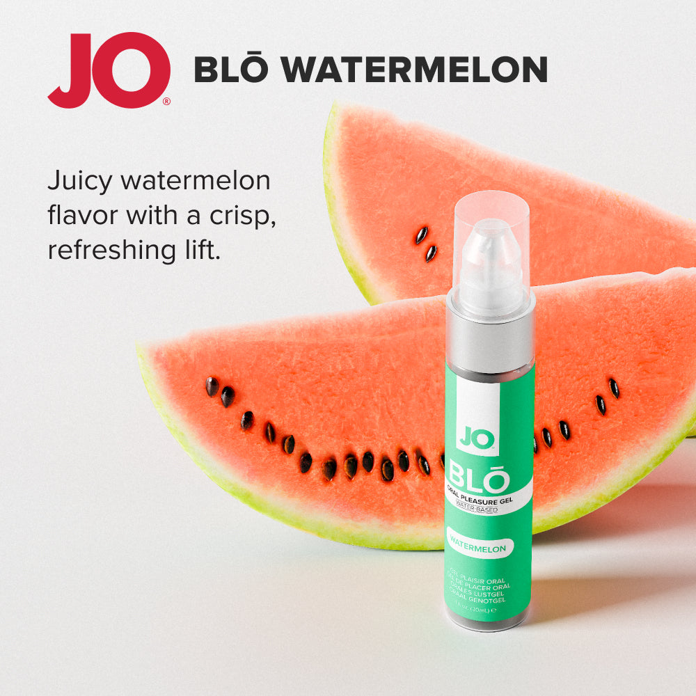 BLO Watermelon bottle beside two watermelon wedges, JO BLO Watermelon title panel